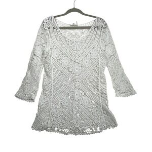 Capri White Floral Crochet Lace Tunic Top 3/4 Sleeve L/XL Boho Beach Cover Up